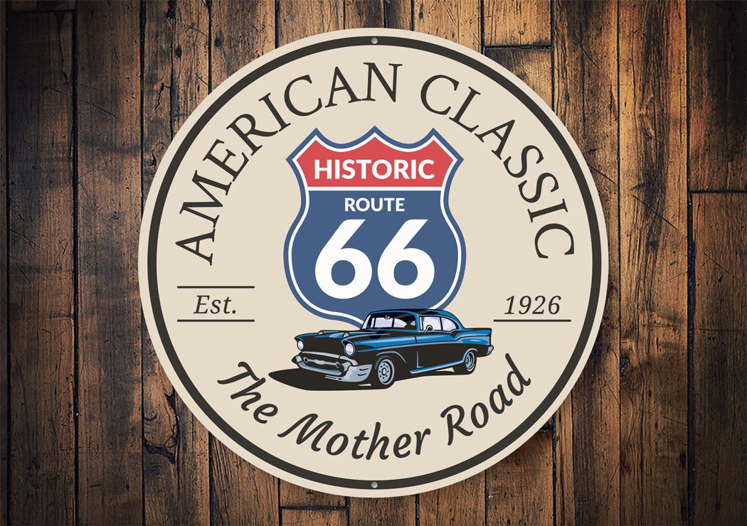 American Classic Route 66 Sign made of high-quality aluminum, featuring vibrant colors and a nostalgic design, perfect for wall decoration.