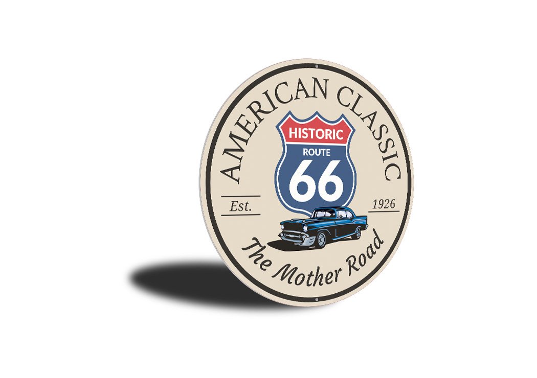 American Classic Route 66 Sign made of high-quality aluminum, featuring vibrant colors and a nostalgic design, perfect for wall decoration.