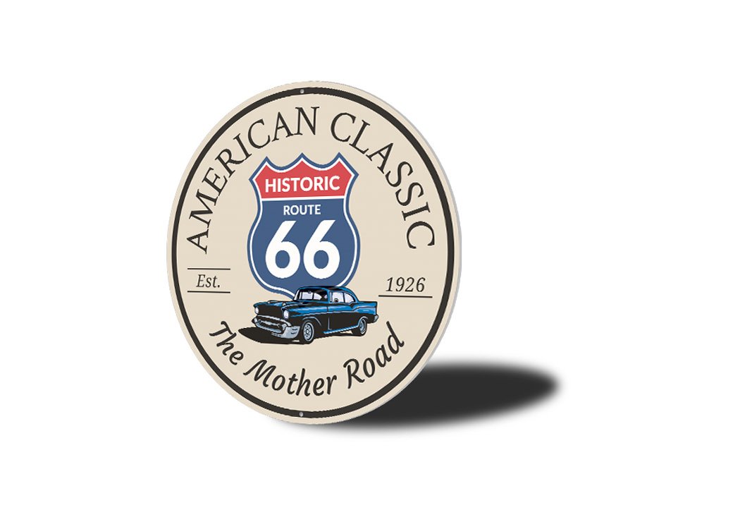 American Classic Route 66 Sign made of high-quality aluminum, featuring vibrant colors and a nostalgic design, perfect for wall decoration.