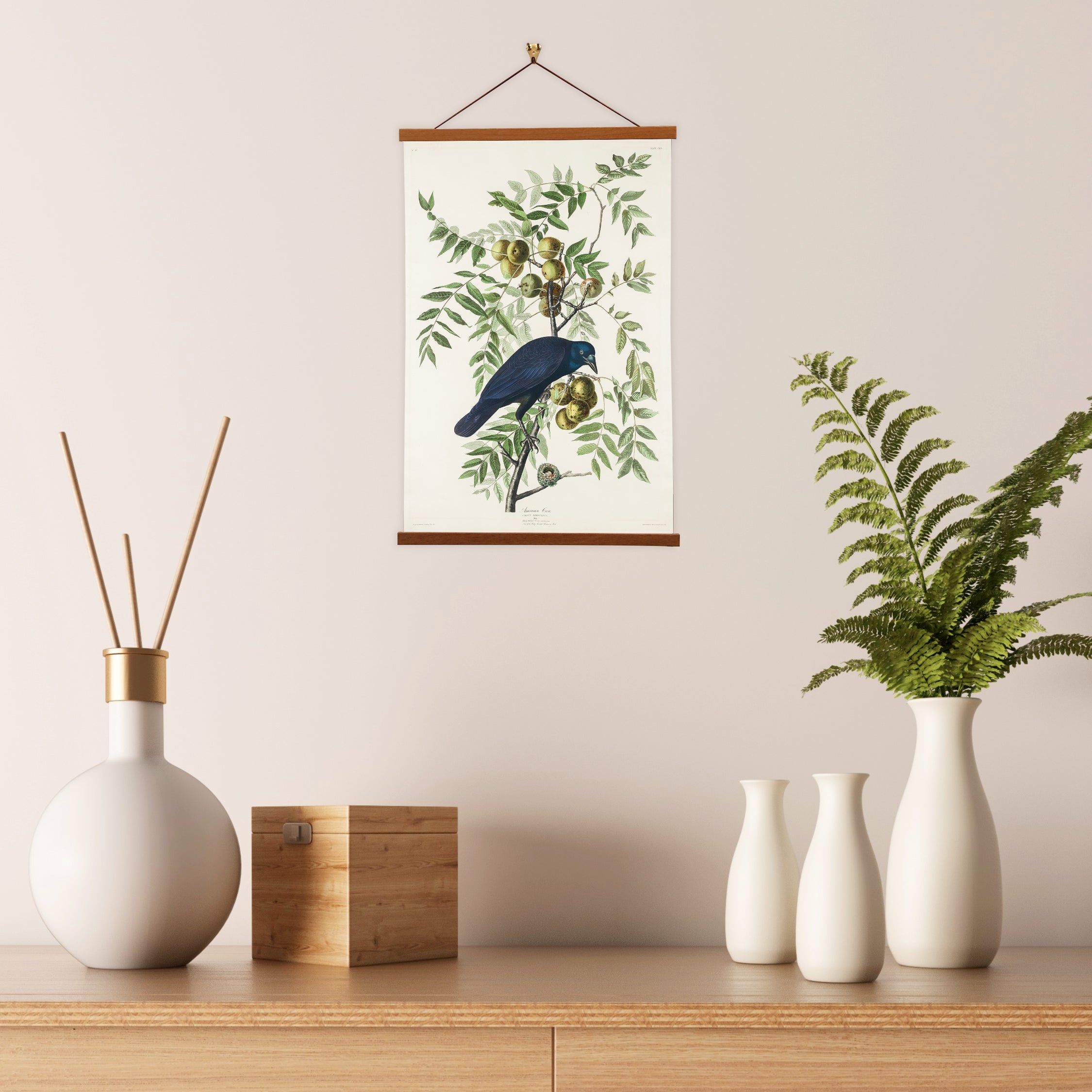 A detailed canvas print of the American Crow by John James Audubon, showcasing its glossy black plumage and sharp gaze, perched on a branch.