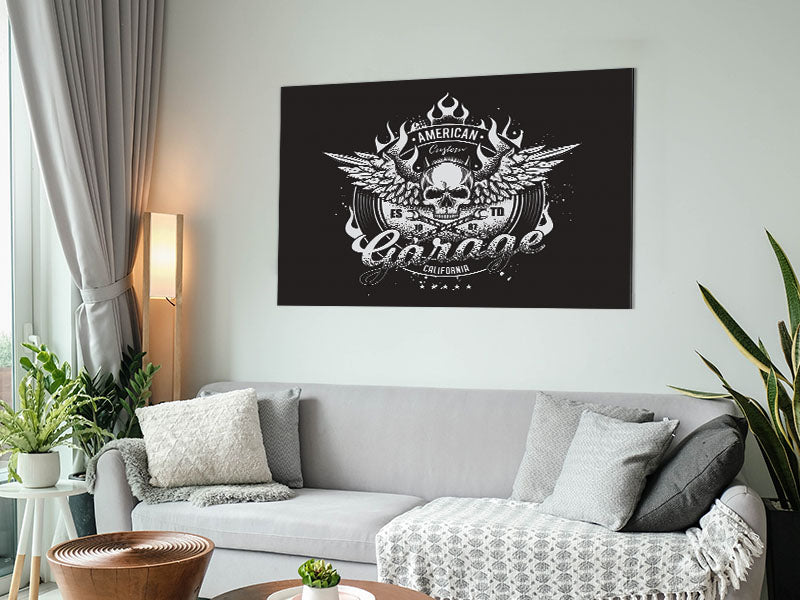 American Custom Garage art piece printed on brushed aluminium dibond, showcasing a modern design suitable for garages and man caves.