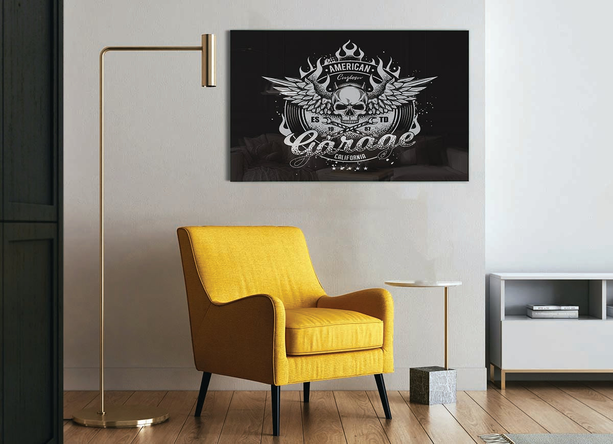 A modern glass print featuring the American Custom Garage design, showcasing vibrant colors and intricate details, perfect for home decor.