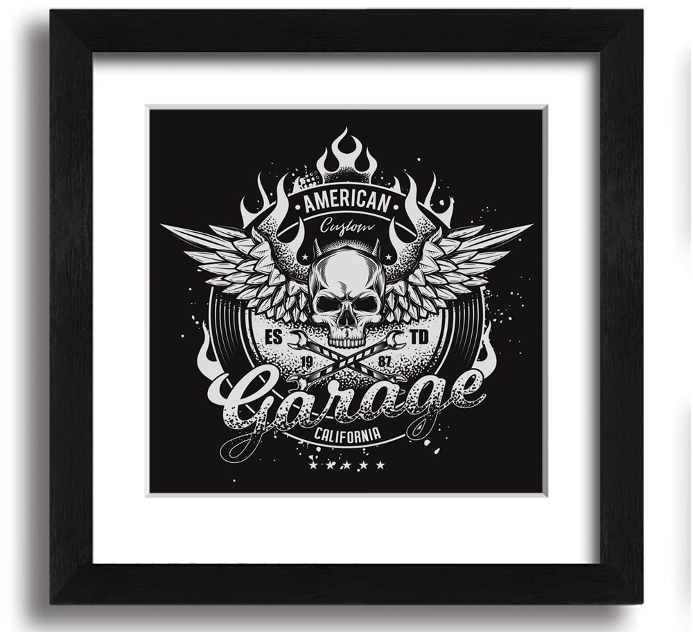 American Custom Garage Square Framed Print in various frame colors, showcasing automotive-themed artwork, ready to hang.