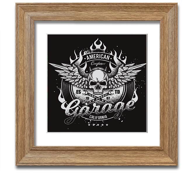 American Custom Garage Square Framed Print in various frame colors, showcasing automotive-themed artwork, ready to hang.