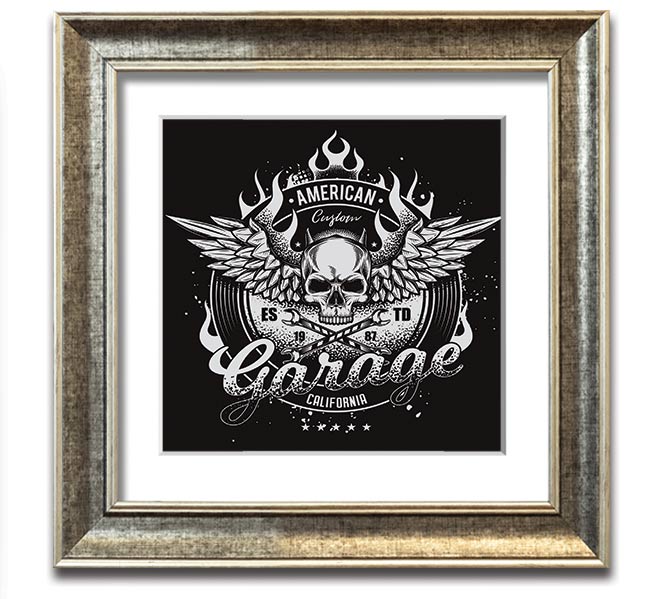 American Custom Garage Square Framed Print in various frame colors, showcasing automotive-themed artwork, ready to hang.