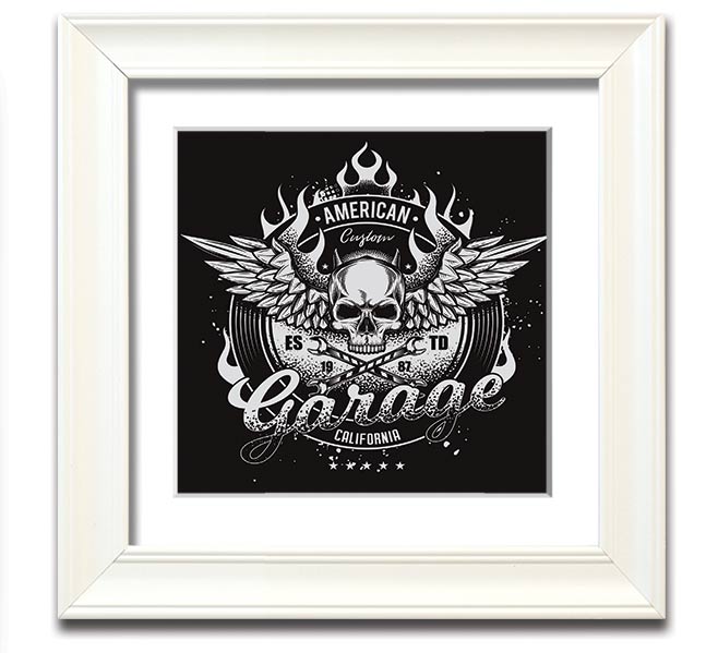 American Custom Garage Square Framed Print in various frame colors, showcasing automotive-themed artwork, ready to hang.