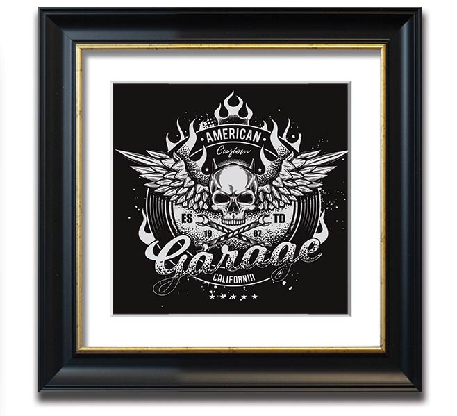 American Custom Garage Square Framed Print in various frame colors, showcasing automotive-themed artwork, ready to hang.