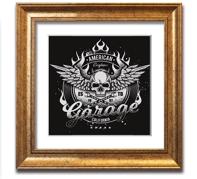 American Custom Garage Square Framed Print in various frame colors, showcasing automotive-themed artwork, ready to hang.