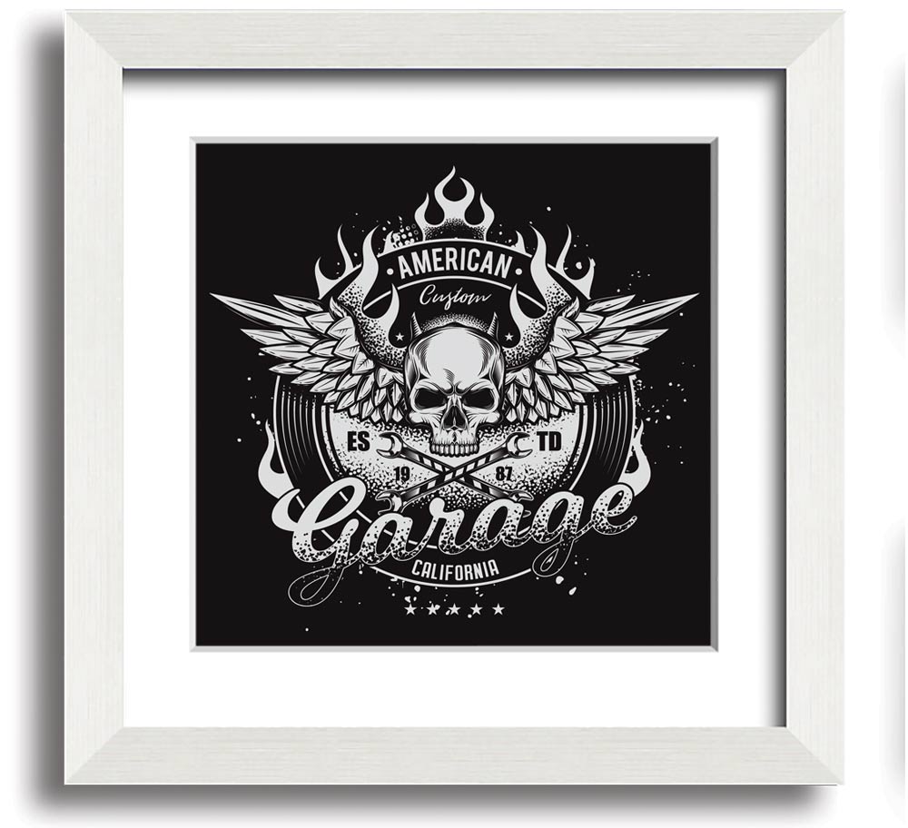 American Custom Garage Square Framed Print in various frame colors, showcasing automotive-themed artwork, ready to hang.