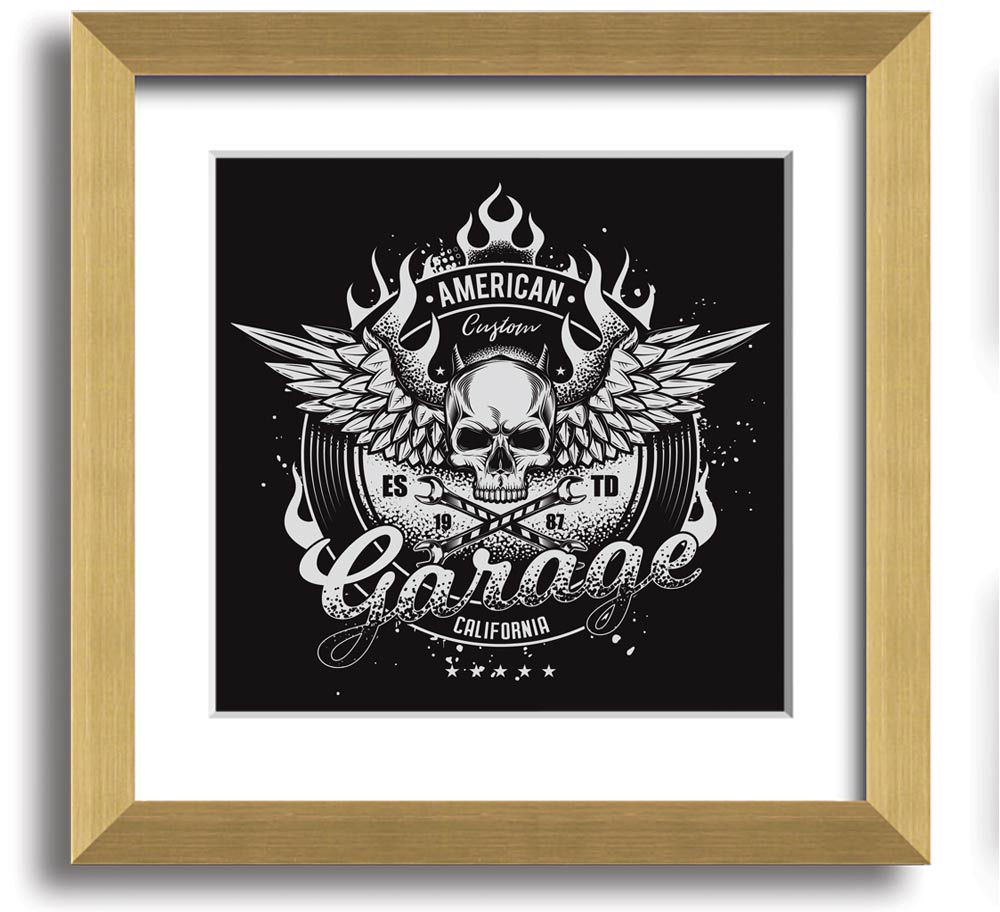 American Custom Garage Square Framed Print in various frame colors, showcasing automotive-themed artwork, ready to hang.