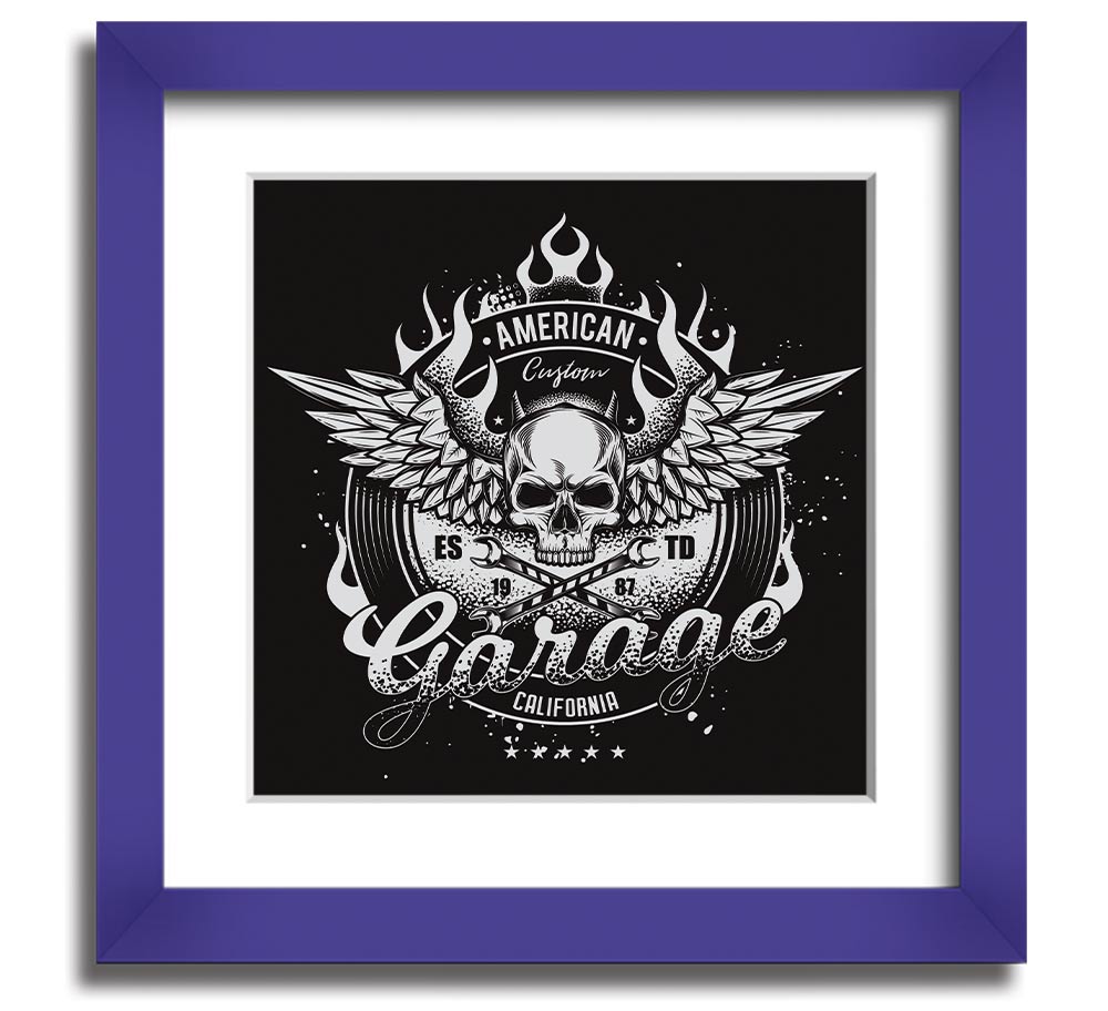 American Custom Garage Square Framed Print in various frame colors, showcasing automotive-themed artwork, ready to hang.