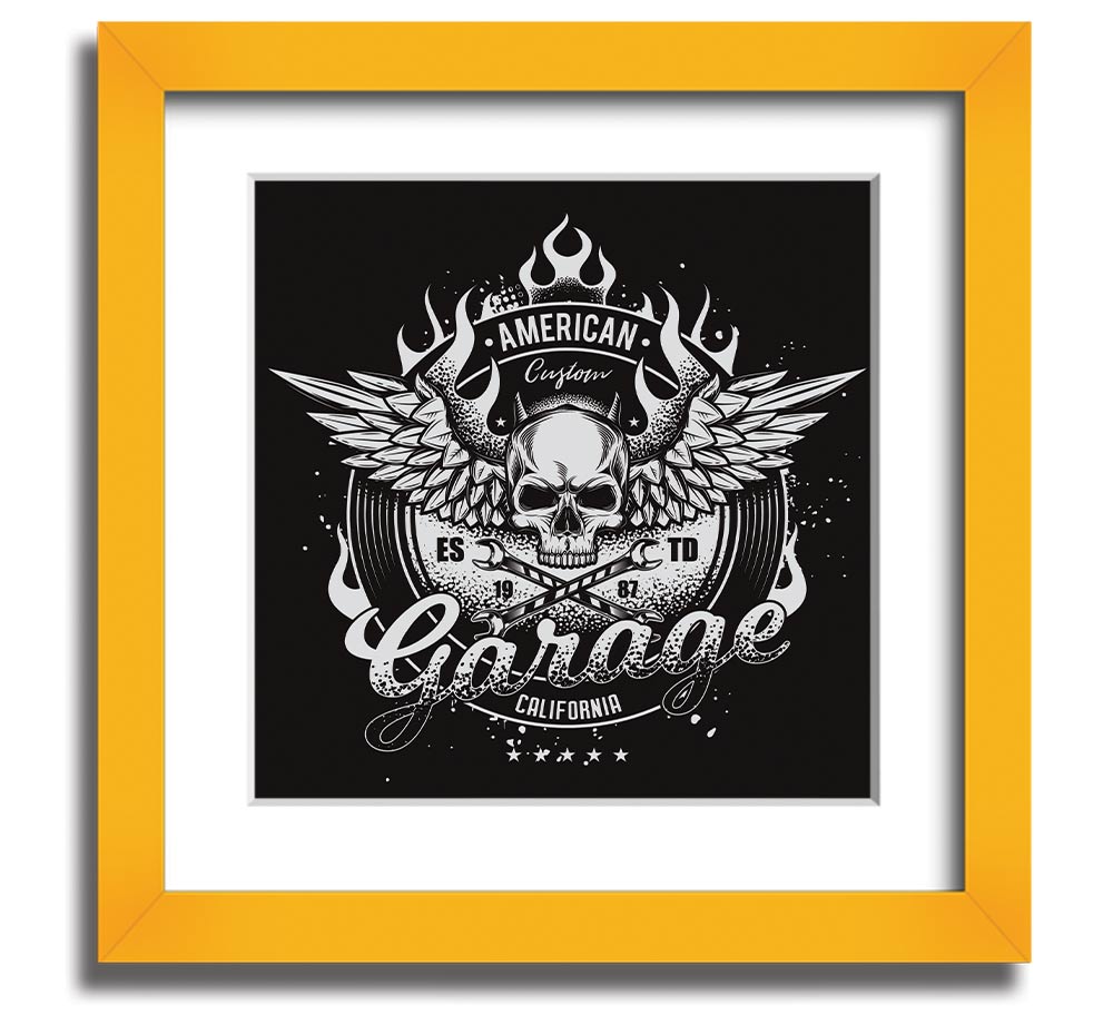 American Custom Garage Square Framed Print in various frame colors, showcasing automotive-themed artwork, ready to hang.