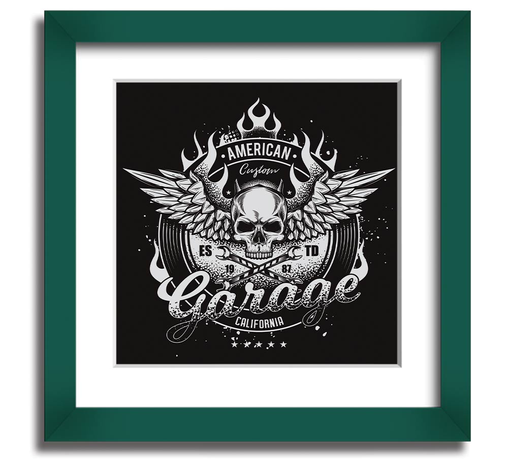 American Custom Garage Square Framed Print in various frame colors, showcasing automotive-themed artwork, ready to hang.