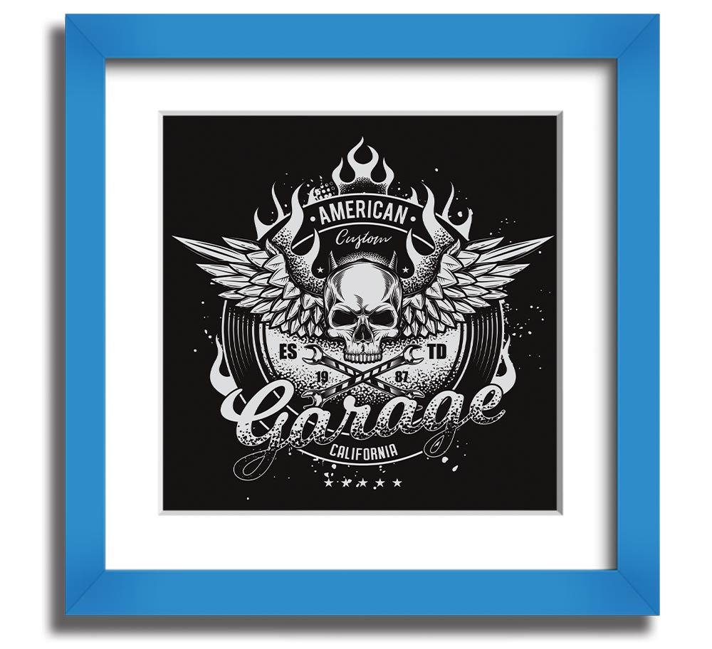 American Custom Garage Square Framed Print in various frame colors, showcasing automotive-themed artwork, ready to hang.