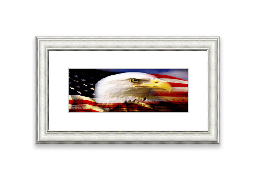 Framed American Eagle Flag print showcasing an eagle against the American flag, available in various frame colors.