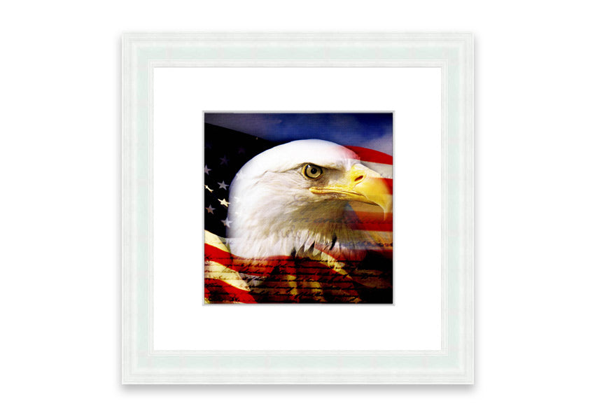 Framed American Eagle Flag print showcasing an eagle against the American flag, available in various frame colors.