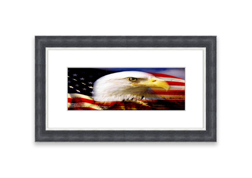 Framed American Eagle Flag print showcasing an eagle against the American flag, available in various frame colors.