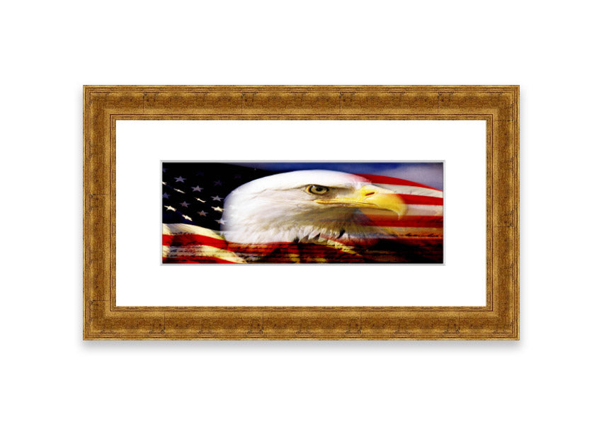 Framed American Eagle Flag print showcasing an eagle against the American flag, available in various frame colors.