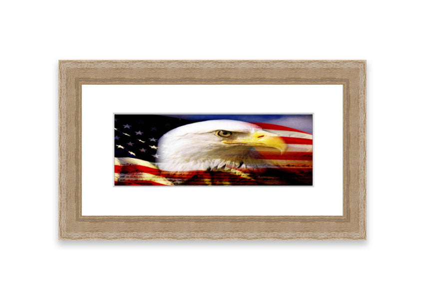 Framed American Eagle Flag print showcasing an eagle against the American flag, available in various frame colors.