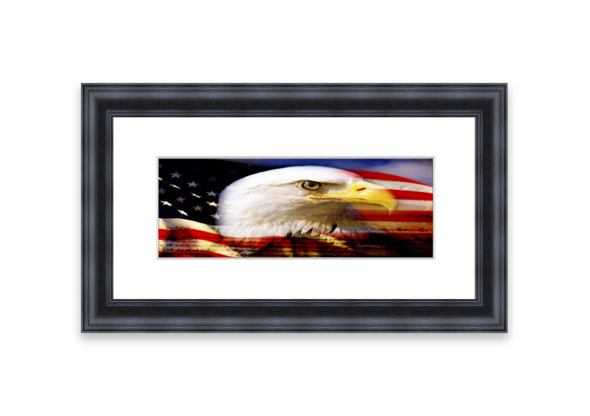 Framed American Eagle Flag print showcasing an eagle against the American flag, available in various frame colors.