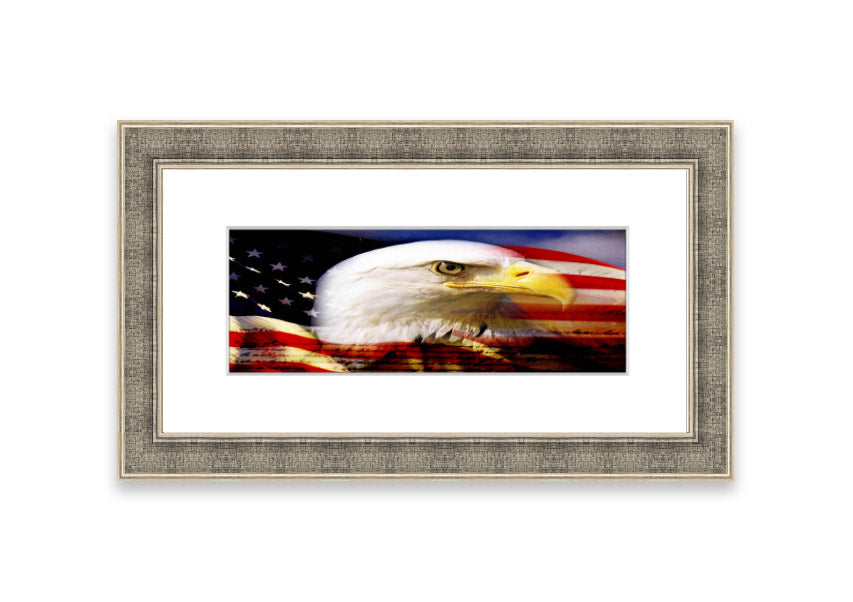 Framed American Eagle Flag print showcasing an eagle against the American flag, available in various frame colors.