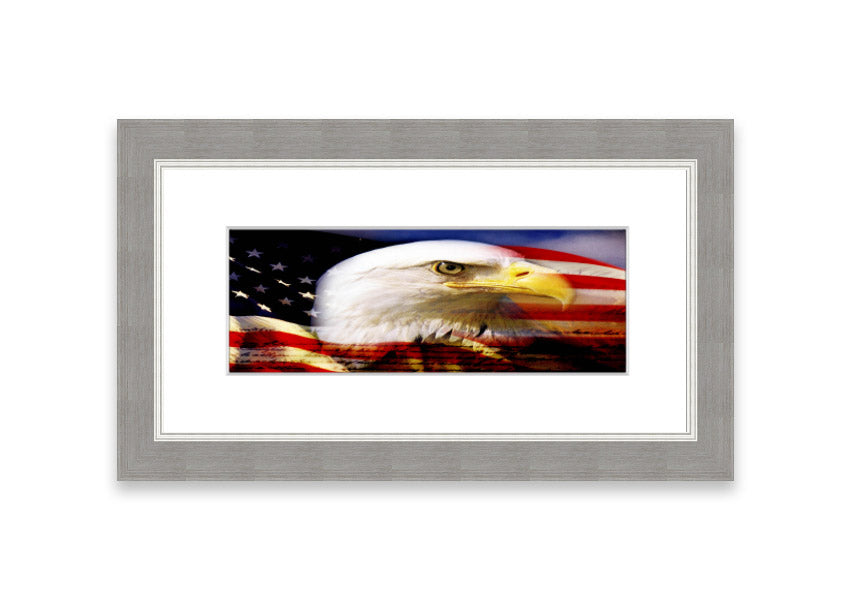 Framed American Eagle Flag print showcasing an eagle against the American flag, available in various frame colors.