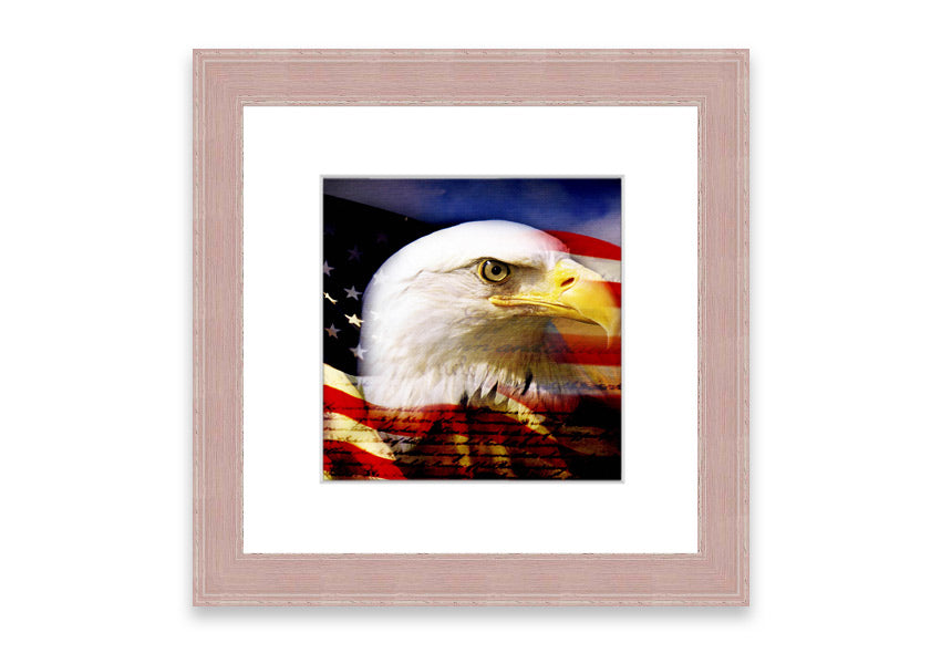 Framed American Eagle Flag print showcasing an eagle against the American flag, available in various frame colors.