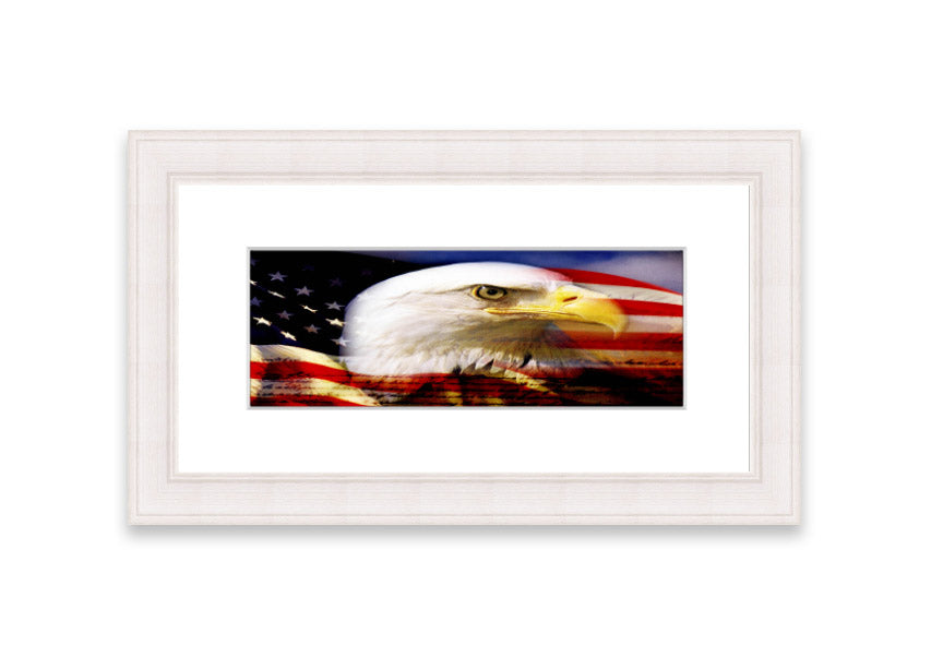 Framed American Eagle Flag print showcasing an eagle against the American flag, available in various frame colors.