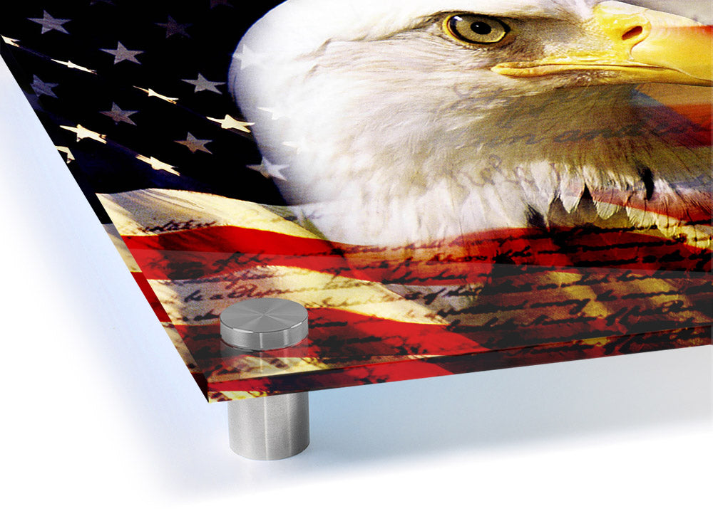 A vibrant acrylic print of the American Eagle Flag, showcasing bold colors and a majestic eagle design.