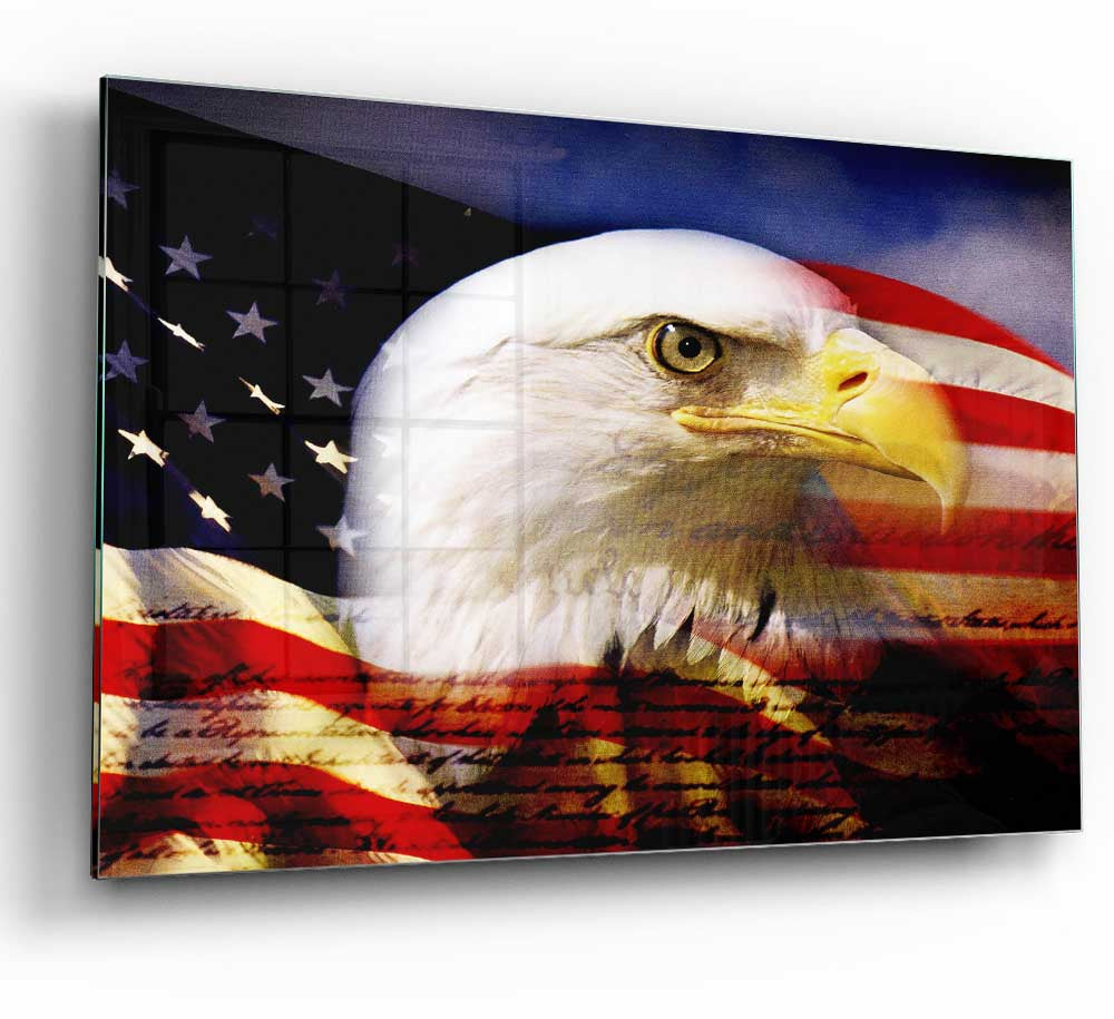 A modern glass print featuring the American Eagle and flag, showcasing vibrant colors and intricate details.