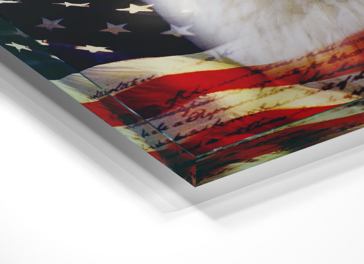 A modern glass print featuring the American Eagle and flag, showcasing vibrant colors and intricate details.