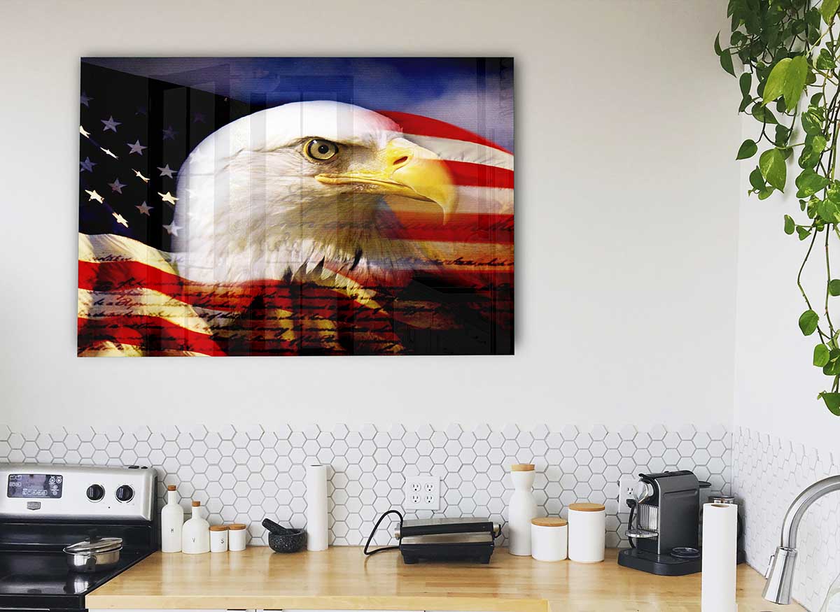 A modern glass print featuring the American Eagle and flag, showcasing vibrant colors and intricate details.