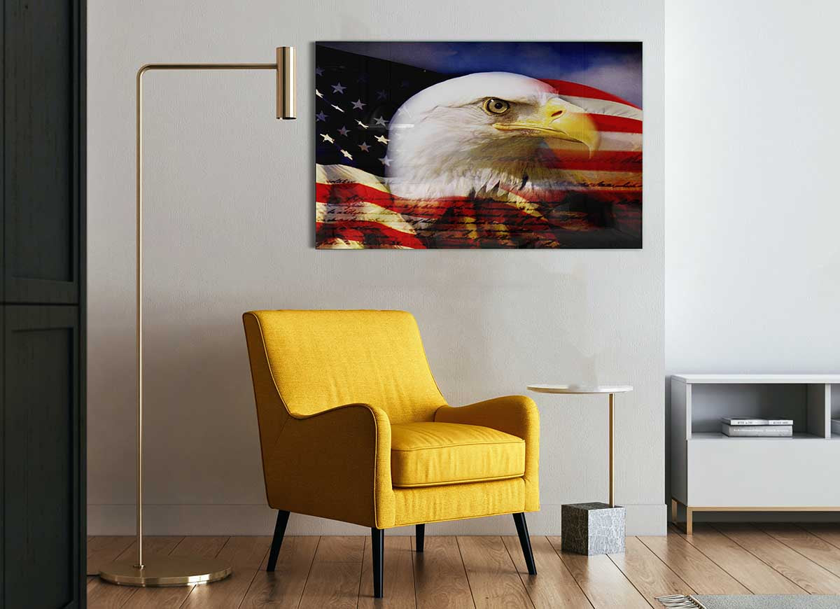 A modern glass print featuring the American Eagle and flag, showcasing vibrant colors and intricate details.