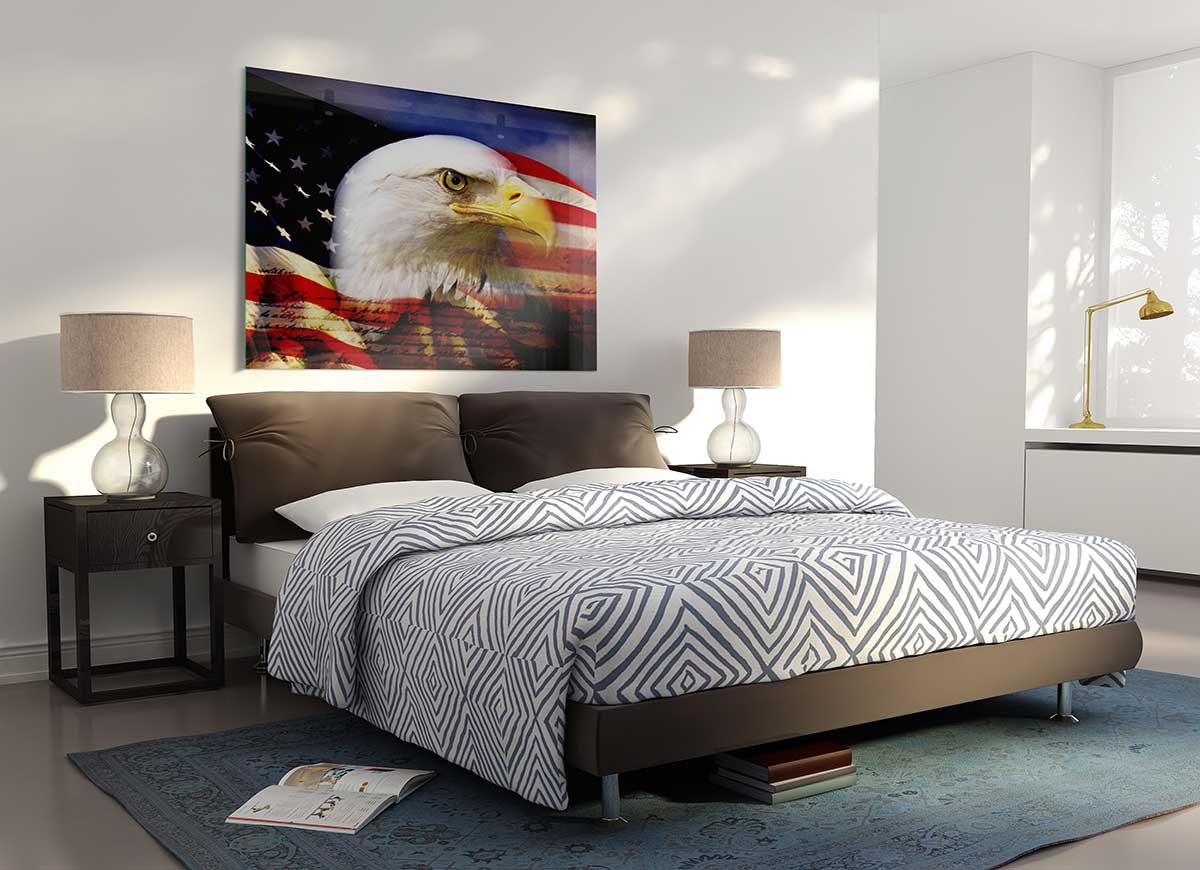 A modern glass print featuring the American Eagle and flag, showcasing vibrant colors and intricate details.