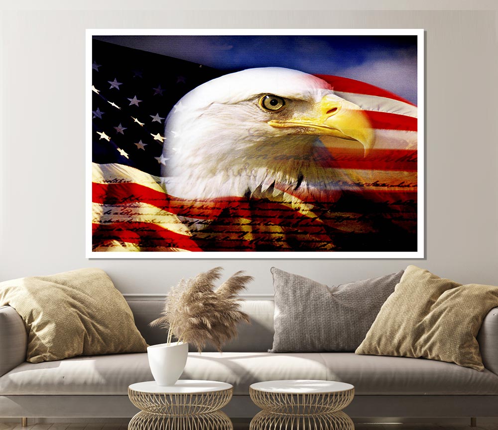 American Eagle Flag poster on high-quality canvas, showcasing a majestic eagle with the American flag.