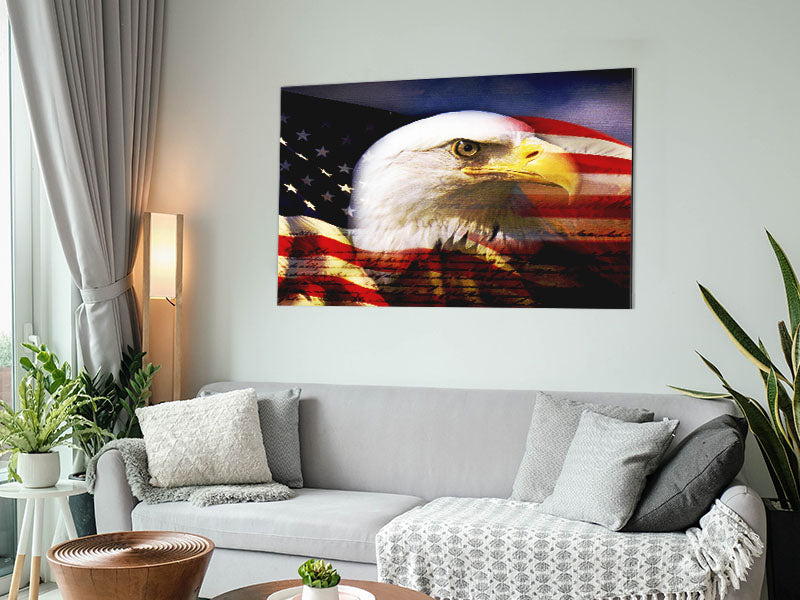 American Eagle Flag printed on brushed aluminium dibond, showcasing vibrant colors and a modern design.