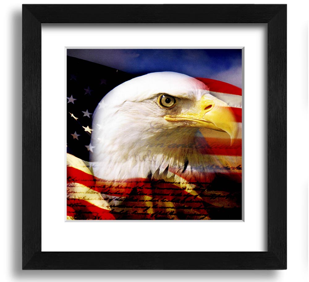 American Eagle Flag Square Framed Print with a majestic eagle design, available in various frame colors, ready to hang.