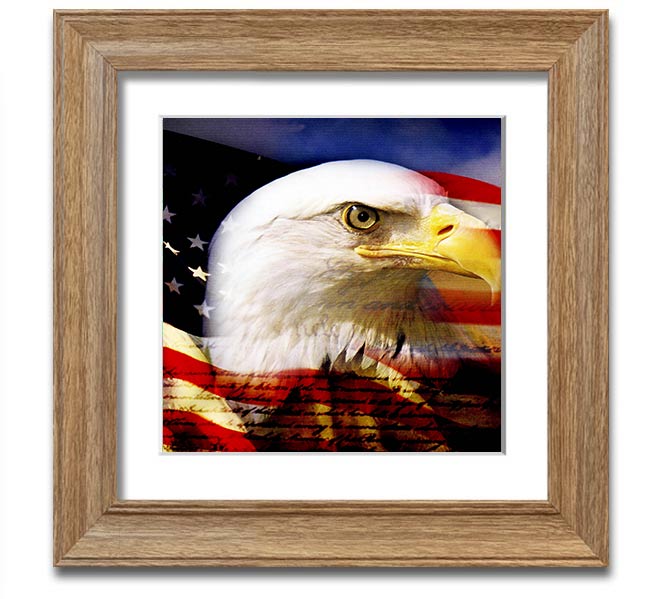 American Eagle Flag Square Framed Print with a majestic eagle design, available in various frame colors, ready to hang.