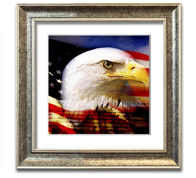 American Eagle Flag Square Framed Print with a majestic eagle design, available in various frame colors, ready to hang.