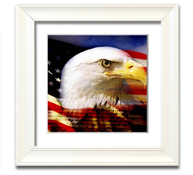 American Eagle Flag Square Framed Print with a majestic eagle design, available in various frame colors, ready to hang.