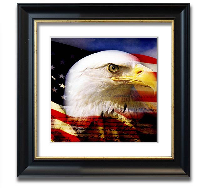 American Eagle Flag Square Framed Print with a majestic eagle design, available in various frame colors, ready to hang.