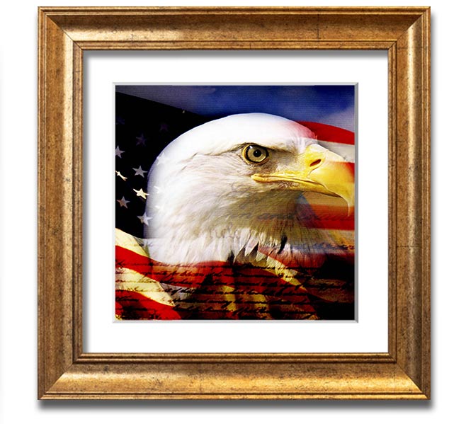 American Eagle Flag Square Framed Print with a majestic eagle design, available in various frame colors, ready to hang.