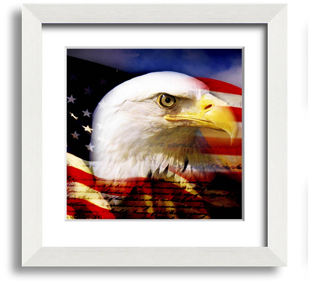 American Eagle Flag Square Framed Print with a majestic eagle design, available in various frame colors, ready to hang.