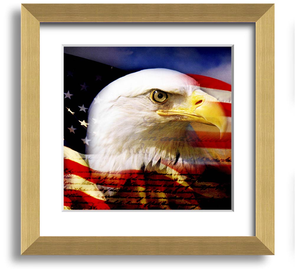 American Eagle Flag Square Framed Print with a majestic eagle design, available in various frame colors, ready to hang.