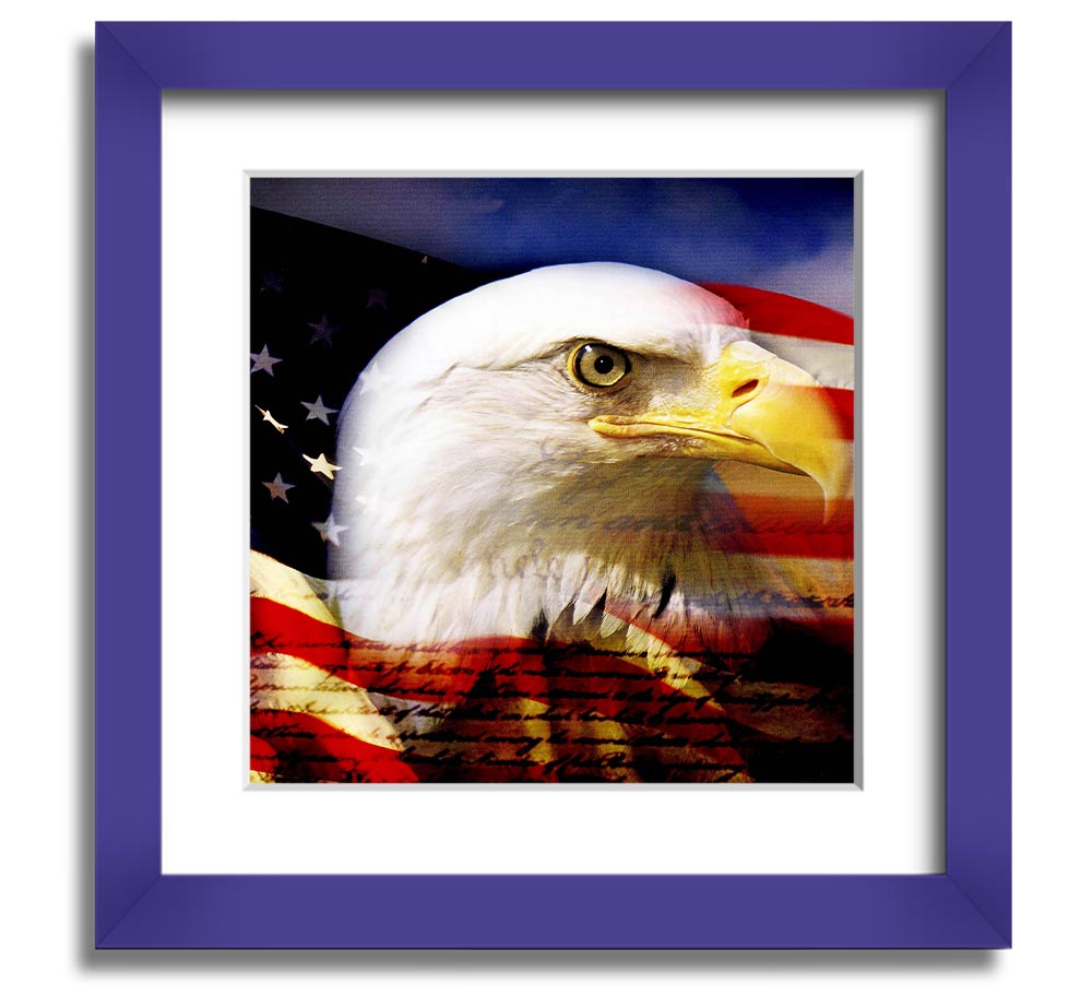 American Eagle Flag Square Framed Print with a majestic eagle design, available in various frame colors, ready to hang.