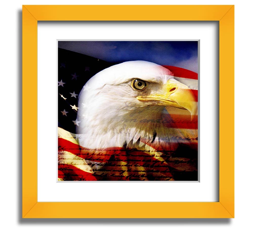 American Eagle Flag Square Framed Print with a majestic eagle design, available in various frame colors, ready to hang.