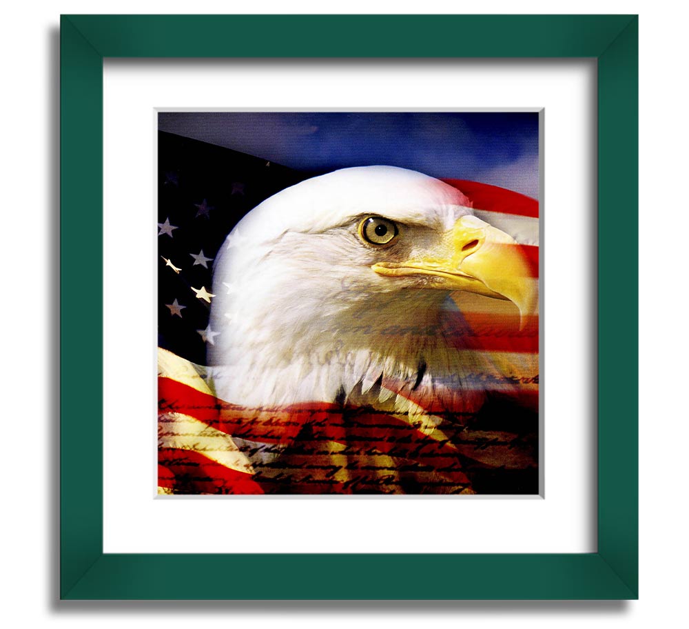 American Eagle Flag Square Framed Print with a majestic eagle design, available in various frame colors, ready to hang.