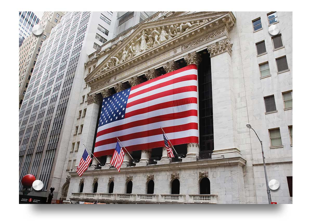 Vibrant American Flag acrylic print on a wall, showcasing its vivid colors and modern design.