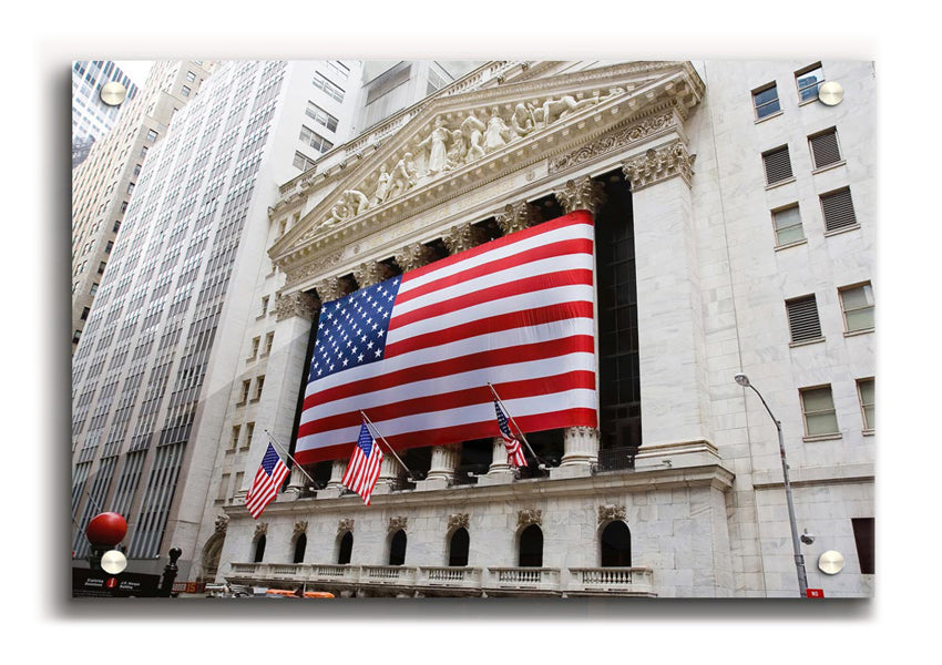 Vibrant American Flag acrylic print on a wall, showcasing its vivid colors and modern design.