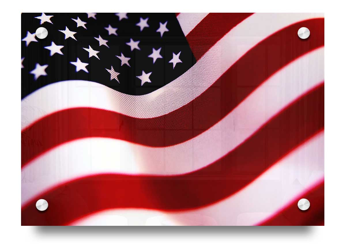 Vibrant American Flag acrylic print on 5mm thick glass, ready to hang.